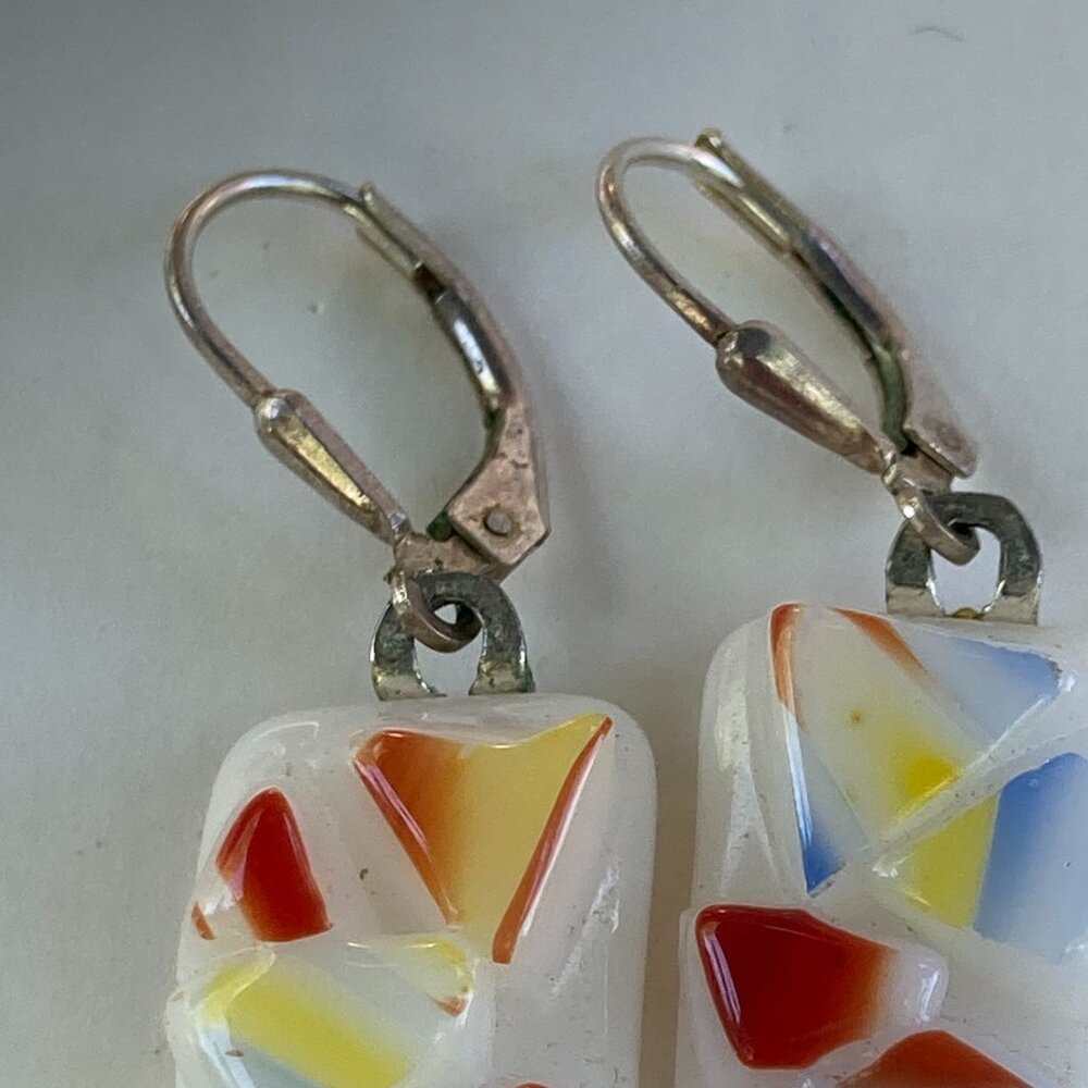 Colorful handmade art glass fan-shaped pendant and matching dangle earrings - Picture 7 of 7